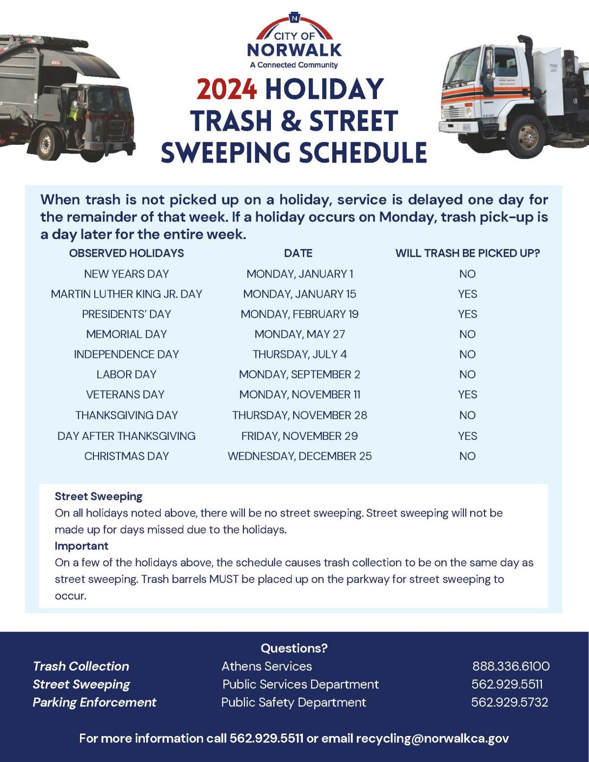 2024 Holiday Street Sweeping and Trash Collction Schedule